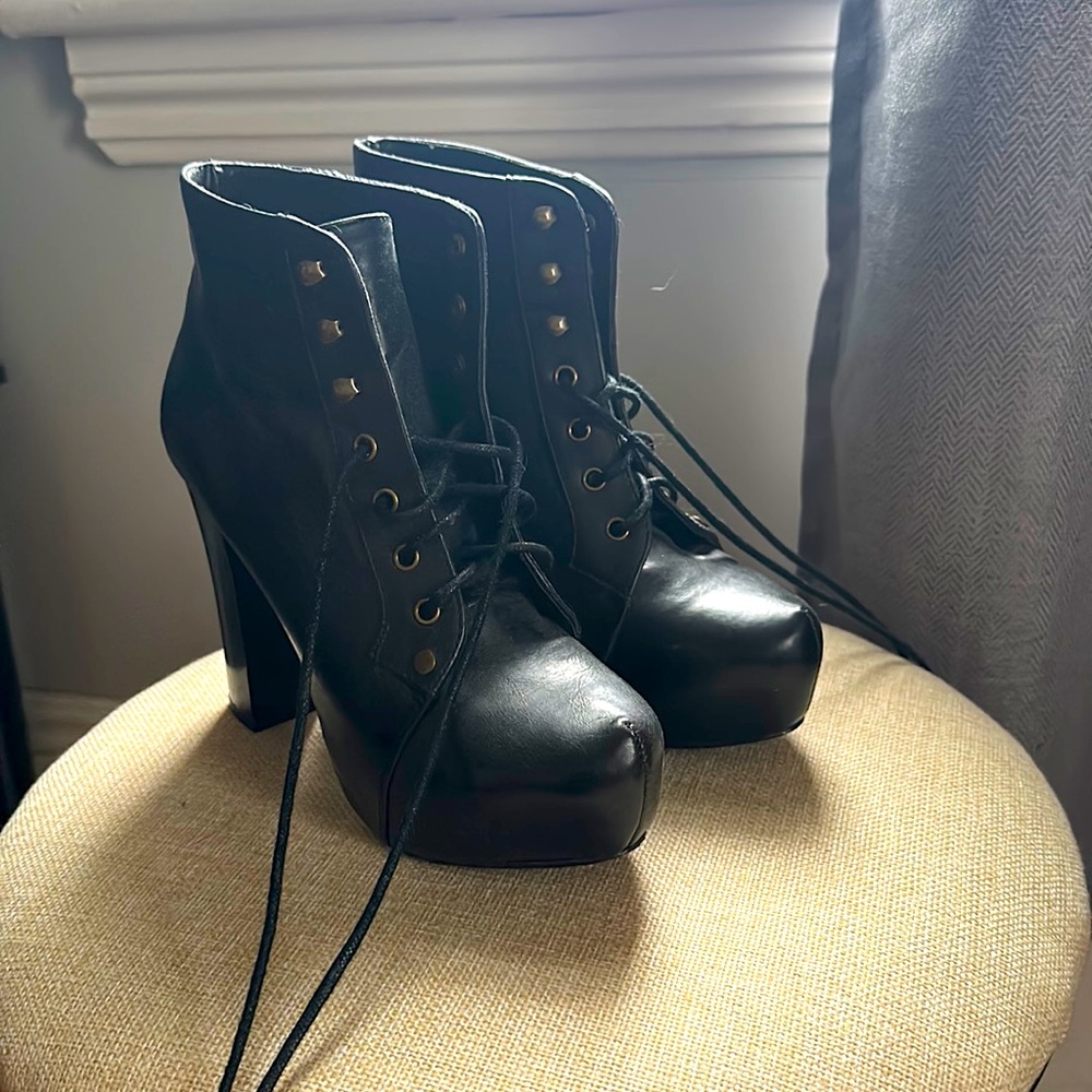 Chelsea Crew lace up black booties. In the style of Jeffrey Campbell.